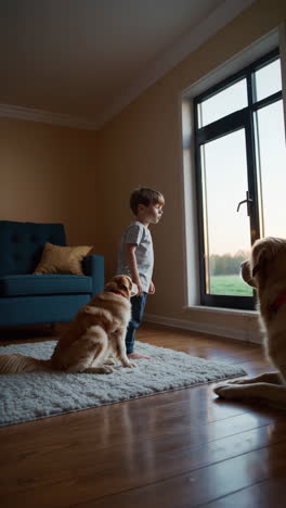 boy and golden retrievers looking out window at home