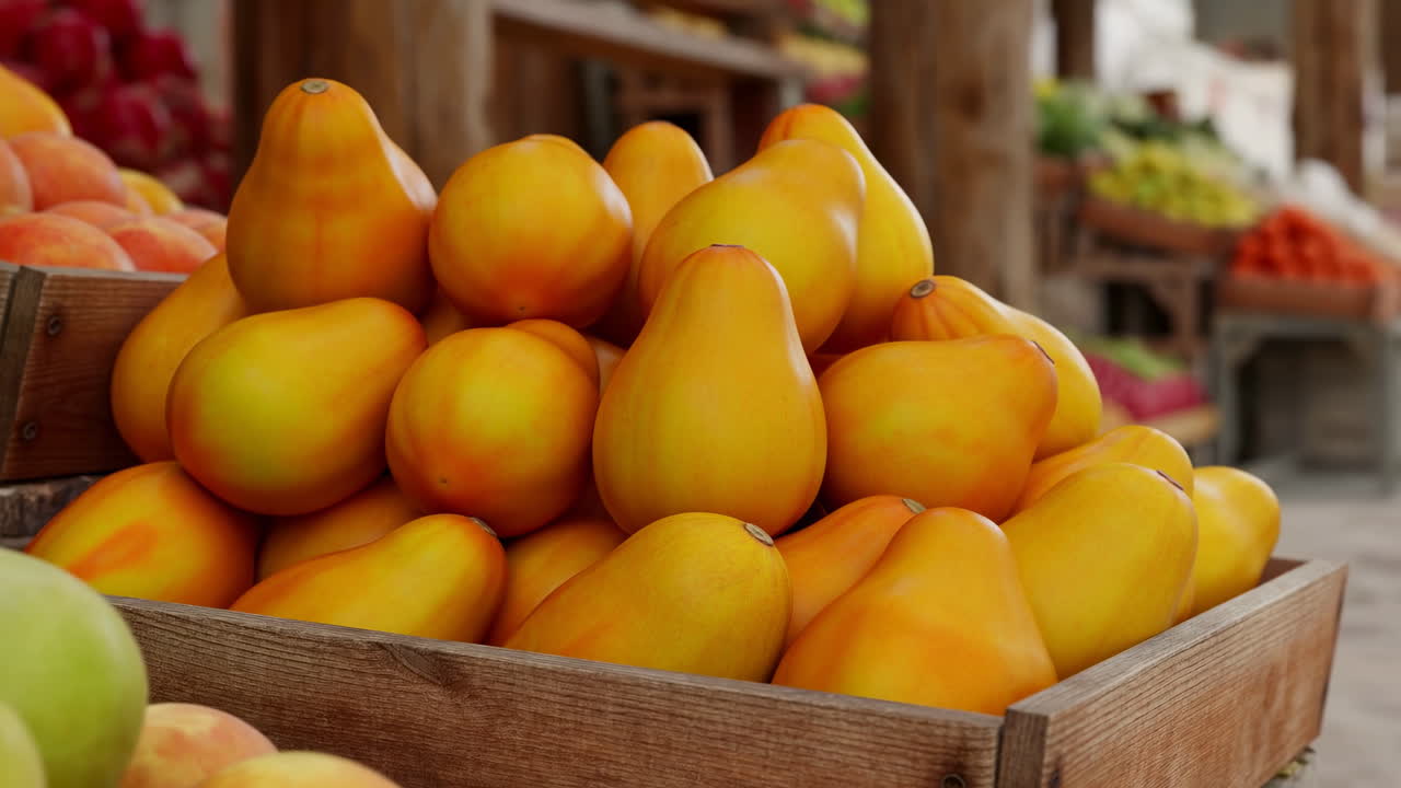 Primo piano di mango freschi gialli e arancioni in una cassa di legno al mercato