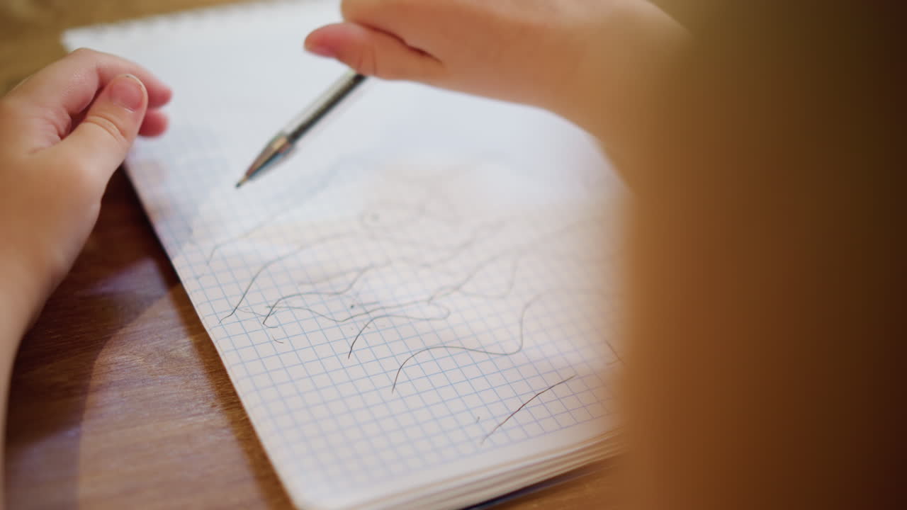 Child hand holding pen creating random scribbles on squared notebook paper, showing early development of drawing skills, creative expression, and first steps in learning coordination during childhood activity