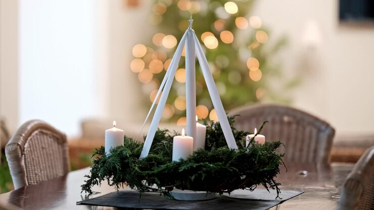 Una ghirlanda dell'Avvento con candele bianche accese su un tavolo e un albero di Natale sullo sfondo durante le feste
