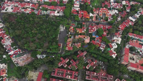 see a very green, residential part of coyoacan, mexico city, filmed from above by drone