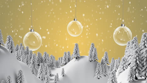 Animation-Von-Schnee,-Der-über-Hängende-Christbaumkugeln-Vor-Einer-Winterlandschaft-Fällt