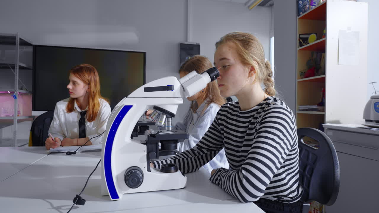estudiantes usando un microscopio en un aula de ciencias