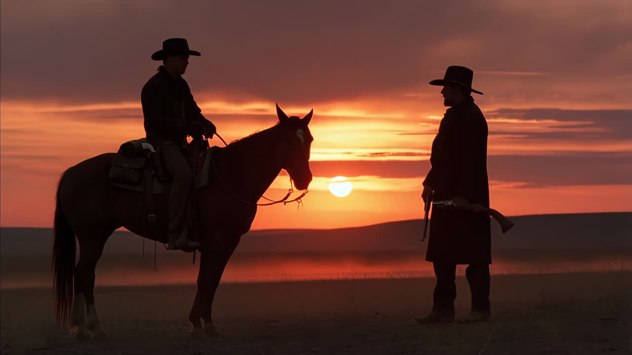 Western scene with cowboys at sunset