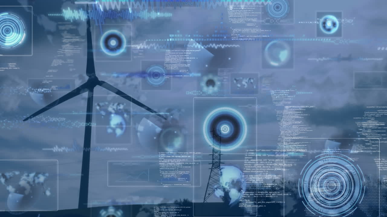 Animation of data processing with scope scanning over wind turbine