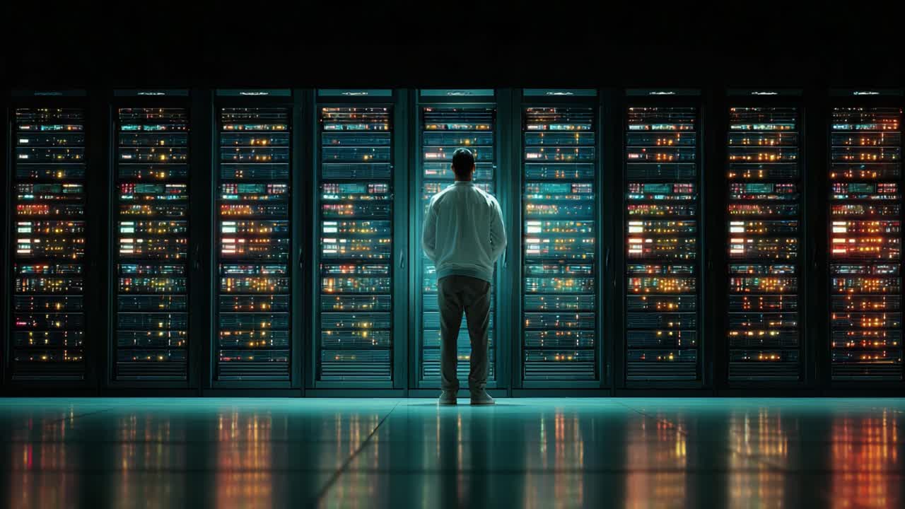 A solitary figure stands in front of towering data servers, illuminated by vibrant lights, embodying the essence of modern technology and digital exploration