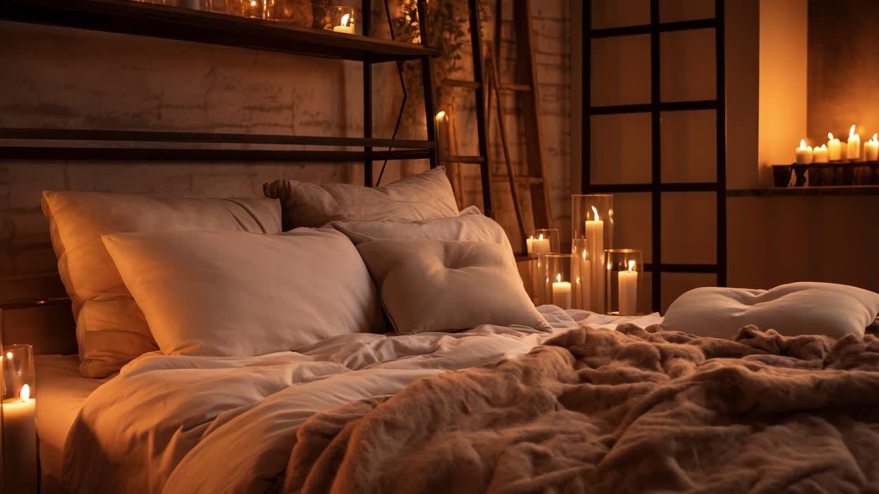 Warm candlelight softly illuminating plush pillows and cozy blankets, creating serene bedroom ambiance with gentle, inviting radiance and peaceful atmosphere