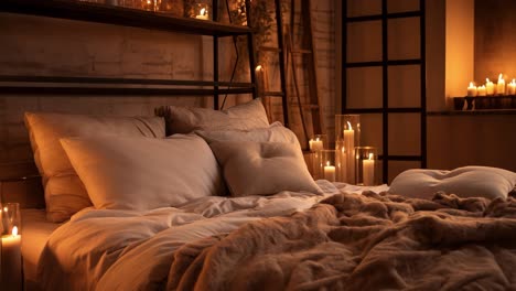 warm candlelight softly illuminating plush pillows and cozy blankets, creating serene bedroom ambiance with gentle, inviting radiance and peaceful atmosphere