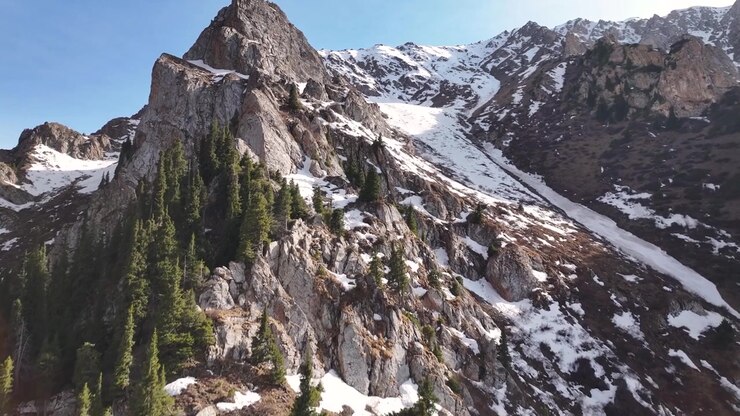 Alte montagne rocciose del Kirghizistan, alberi di conifere, neve e terreno accidentato. Dinamica aerea