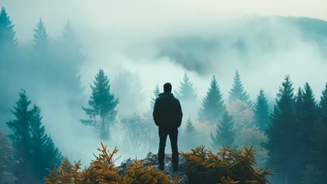 una persona de pie en la cima de una montaña en la niebla