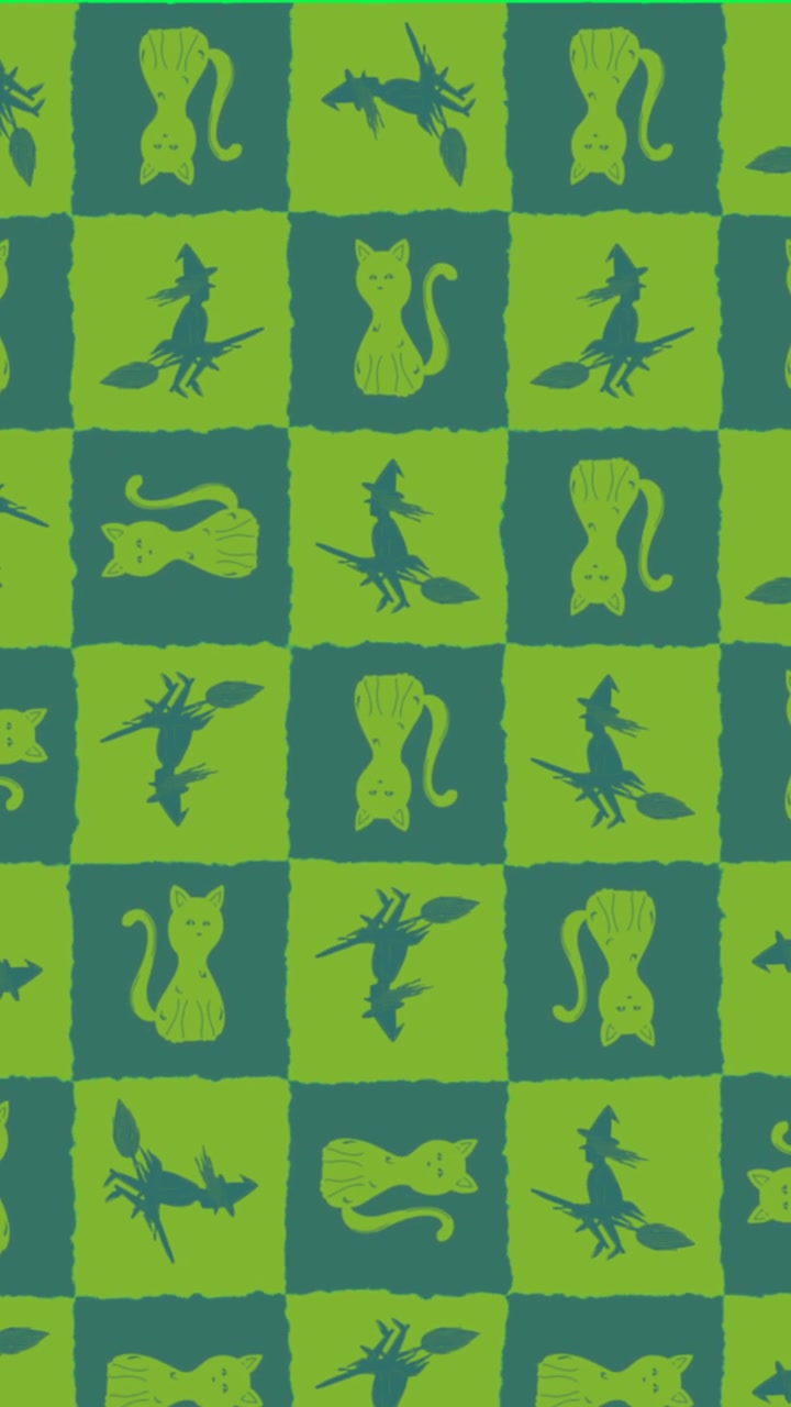 Animation of moving green texture with cats and witches