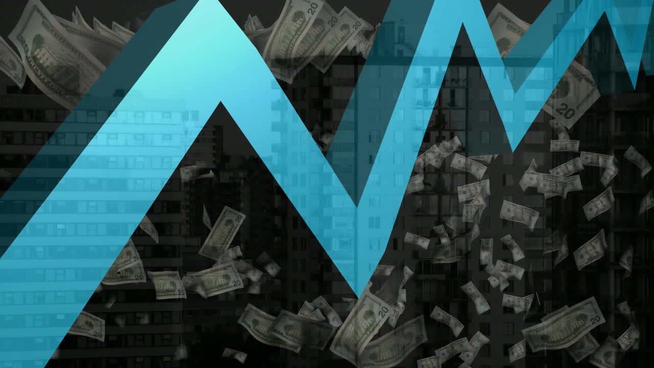 gráficos azules sobre billetes de dólares estadounidenses que caen contra edificios altos en el fondo