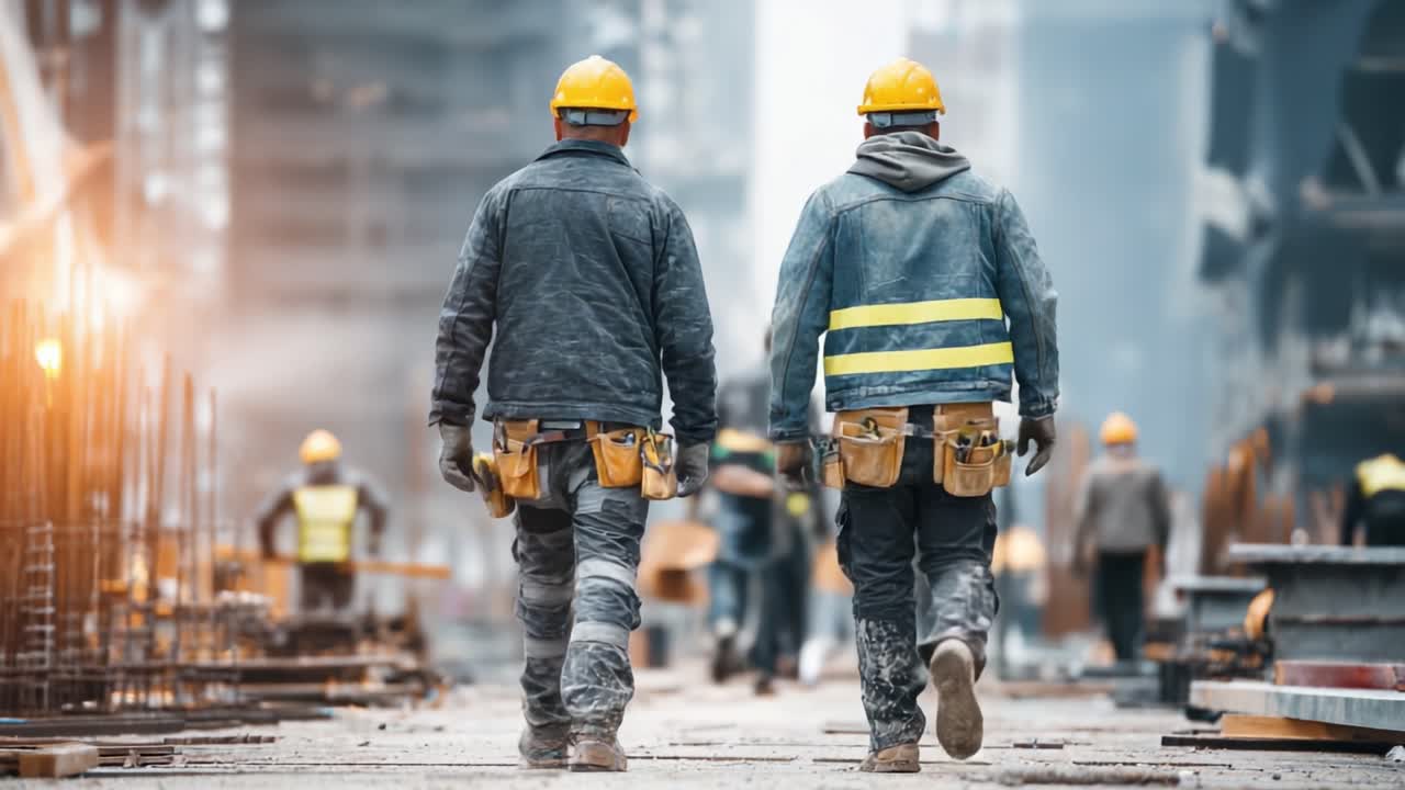 Two Construction Workers Walking Together on a Job Site, Showcasing Their Safety Gear and Tools Amongst Ongoing Construction Activities
