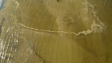 Sanfte-Wellen-Erzeugen-Muster-Auf-Dem-Sandstrand-Der-Küstenlandschaft