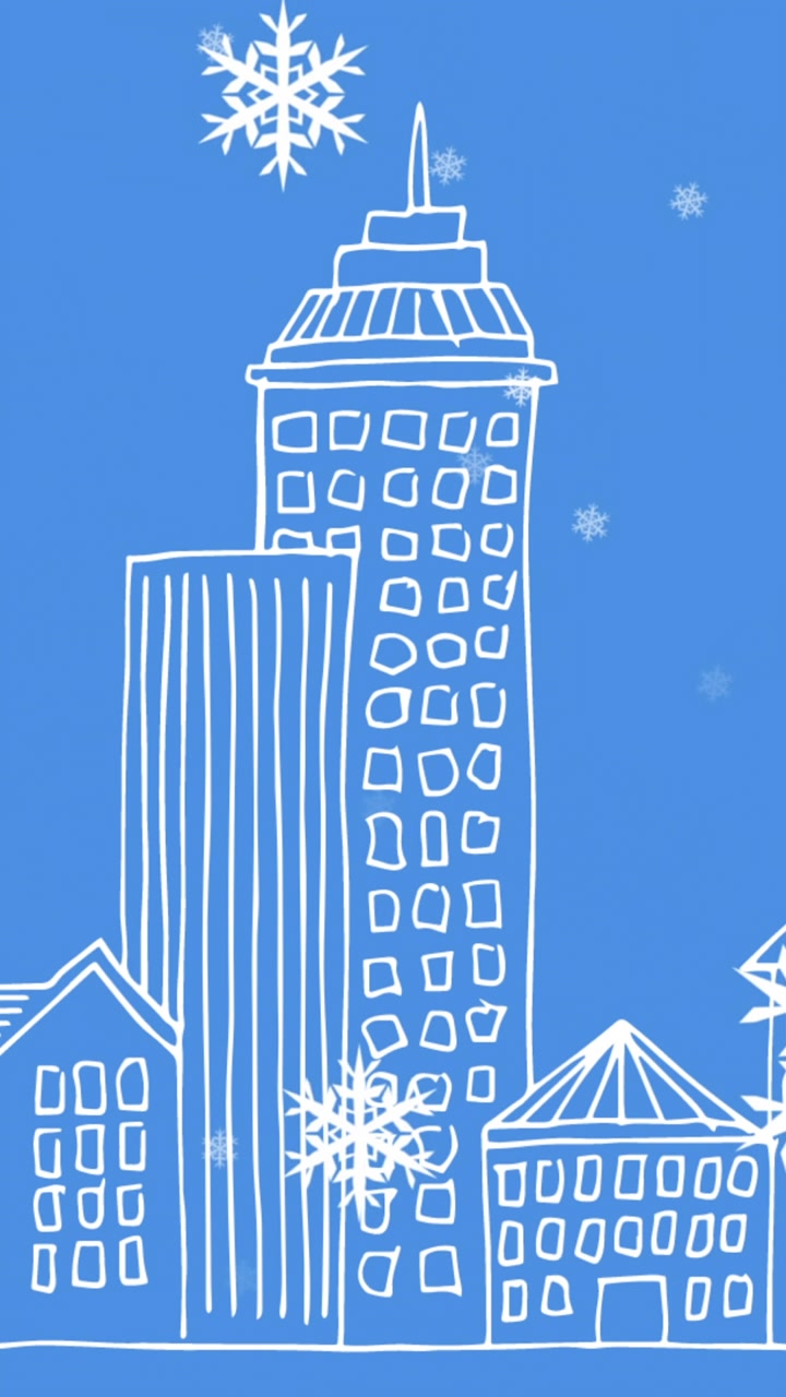Animazione di un paesaggio invernale con fiocchi di neve che cadono in città su sfondo blu.
