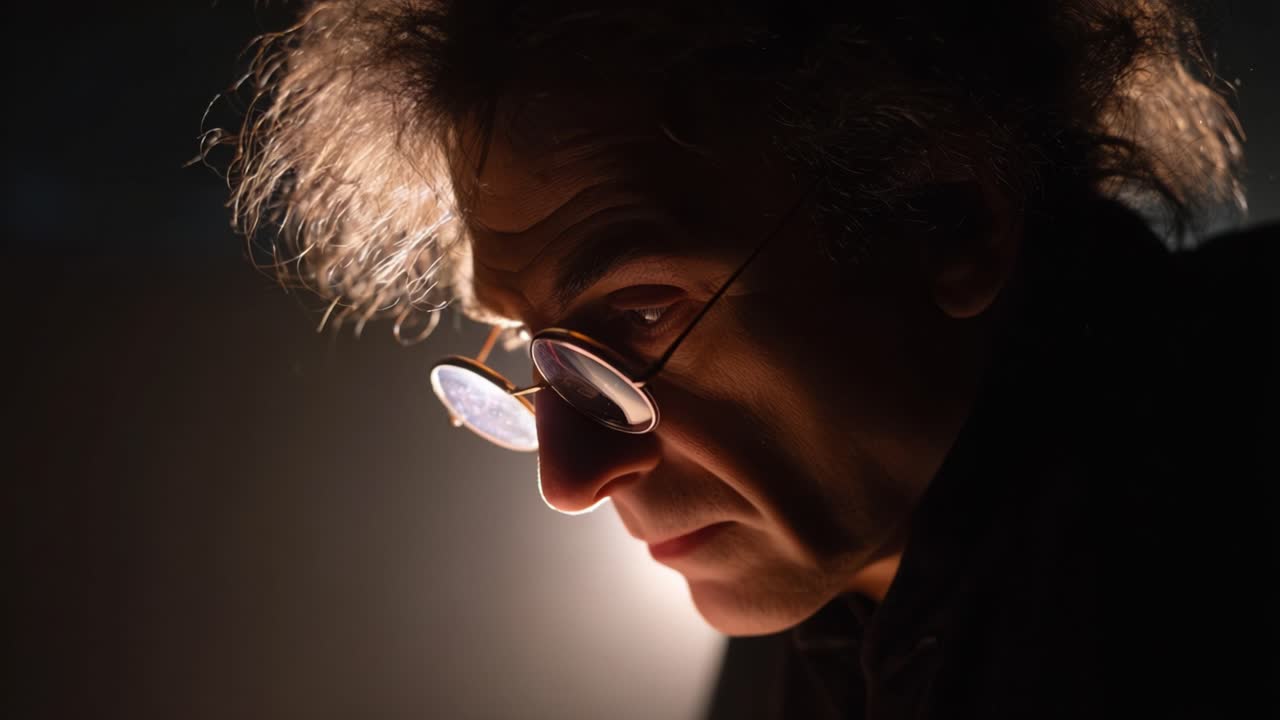 A Thoughtful Man in Deep Contemplation, Illuminated by Soft Light, Featuring Unique Hair and Glasses, Captured in Two Dramatic Frames from a Captivating Video