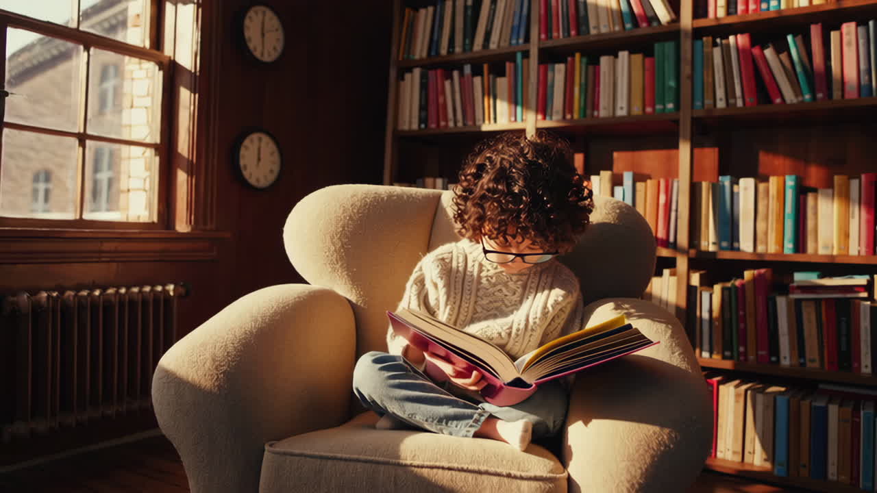 Child Reading in a Cozy Library
