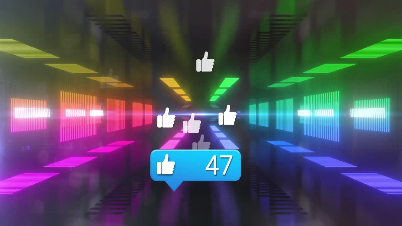 animación de las reacciones de las redes sociales sobre un túnel hecho de luces de neón en movimiento