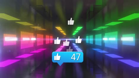 animación de las reacciones de las redes sociales sobre un túnel hecho de luces de neón en movimiento