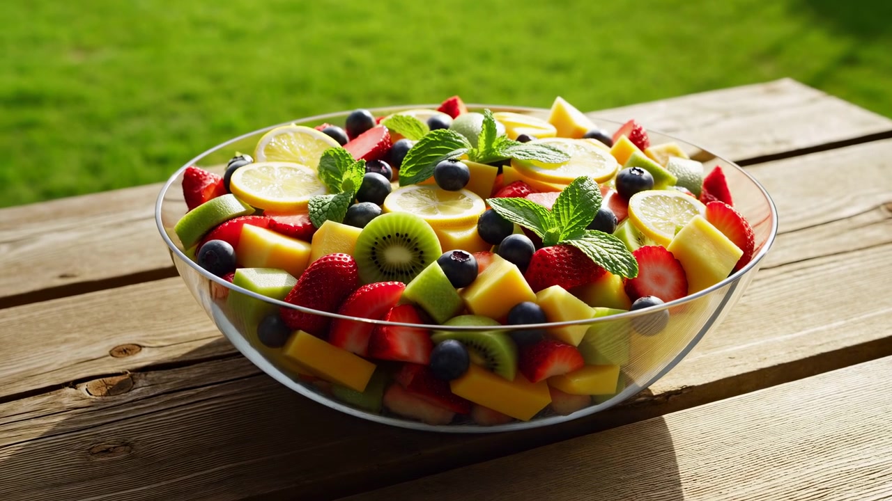 Fresh Fruit Salad Bowl On Wooden Table Under Bright Sunlight, Outdoor Picnic Scene With Strawberries, Kiwi,
