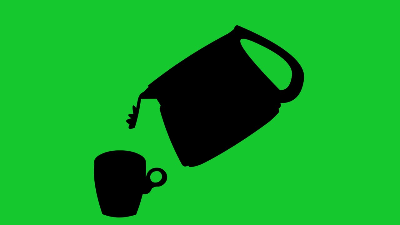 animación en bucle de la silueta negra de una jarra vertiendo líquido en una taza