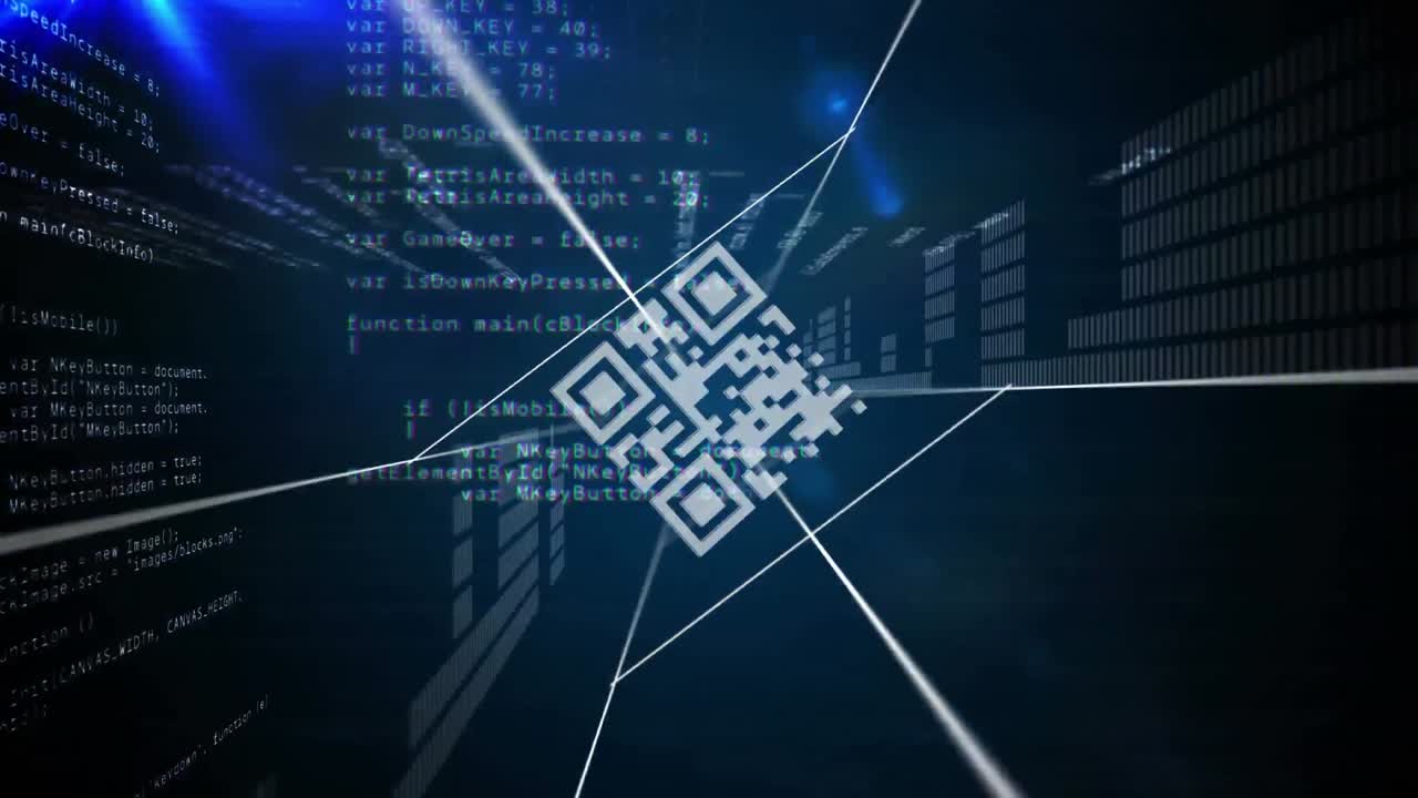escáner de código qr y red de conexiones contra el procesamiento de datos en fondo azul