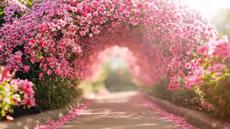 a walkway lined with pink flowers in the middle of a garden