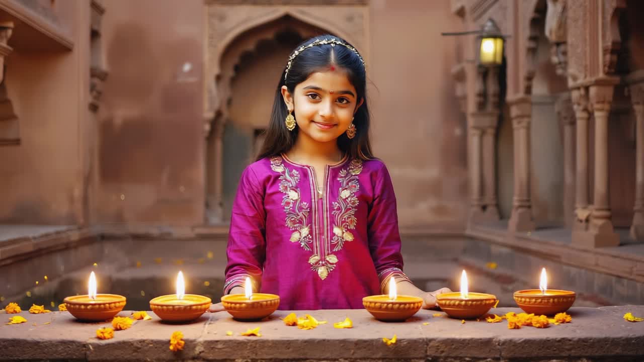 Cheerful female child wearing traditional attire sitting near glowing diyas, flower petals scattered, ornate architectural structure with arched windows behind her during Diwali festival