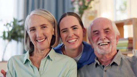 happy elderly people with caregiver