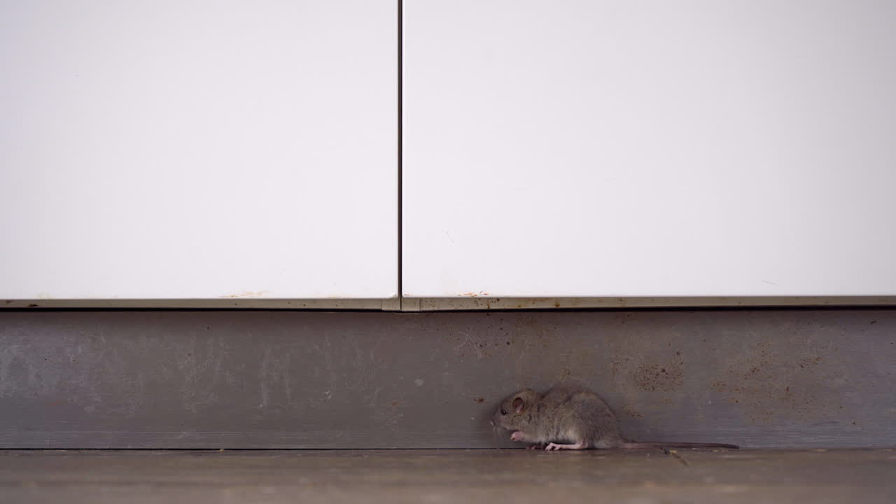 무례하고 두려움이 없고 용감한 일반적인 하수구  ⁇ 가 부 ⁇  바닥에 숨어있는 동안 무지한 영국 짧은 머리 고양이가  ⁇ 를 알아차리지 않고 걸어갑니다.