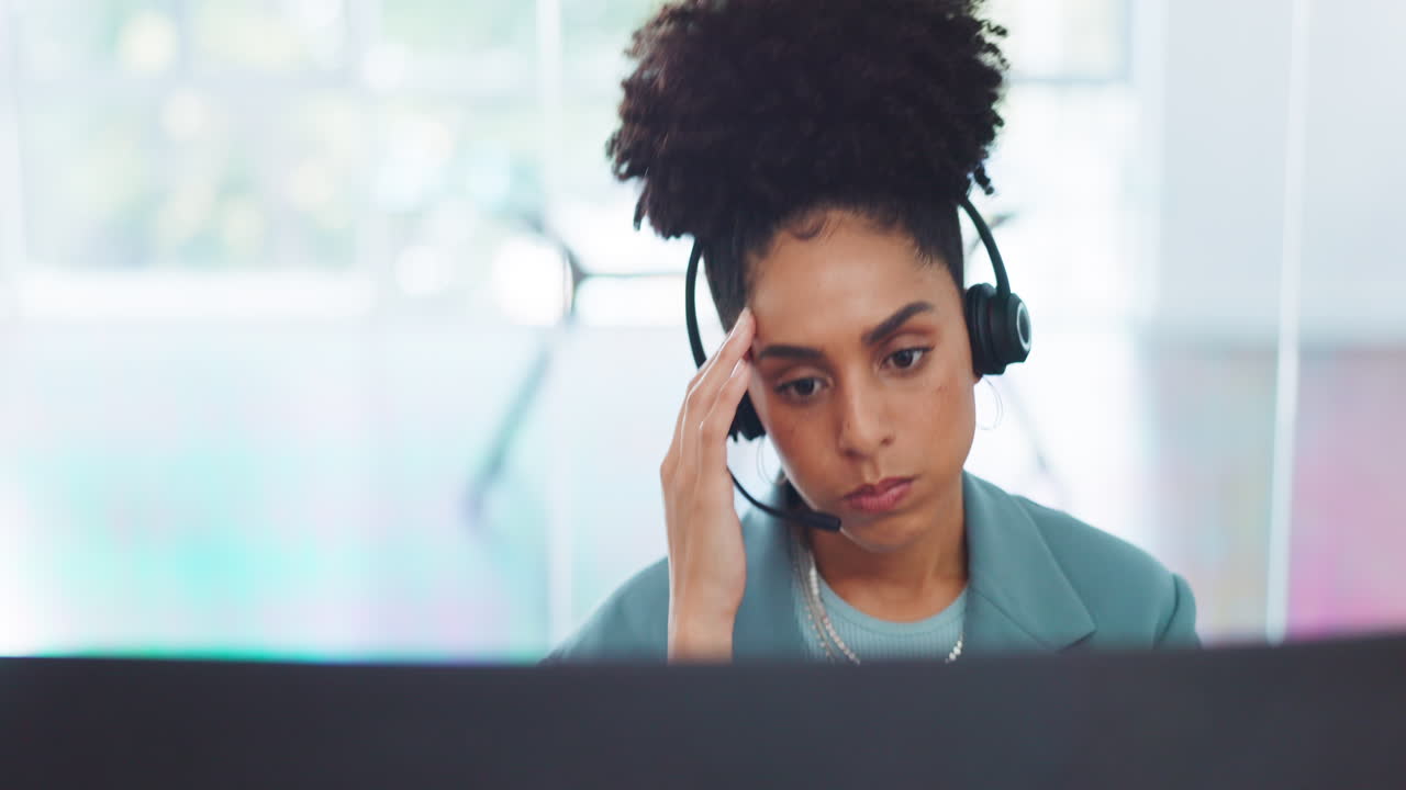 Headache, stress and black woman telemarketing