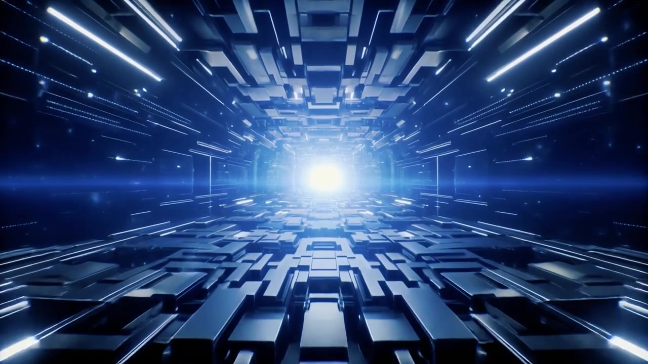 Futuristic Digital Tunnel with Glowing Blue Light and Geometric Structures