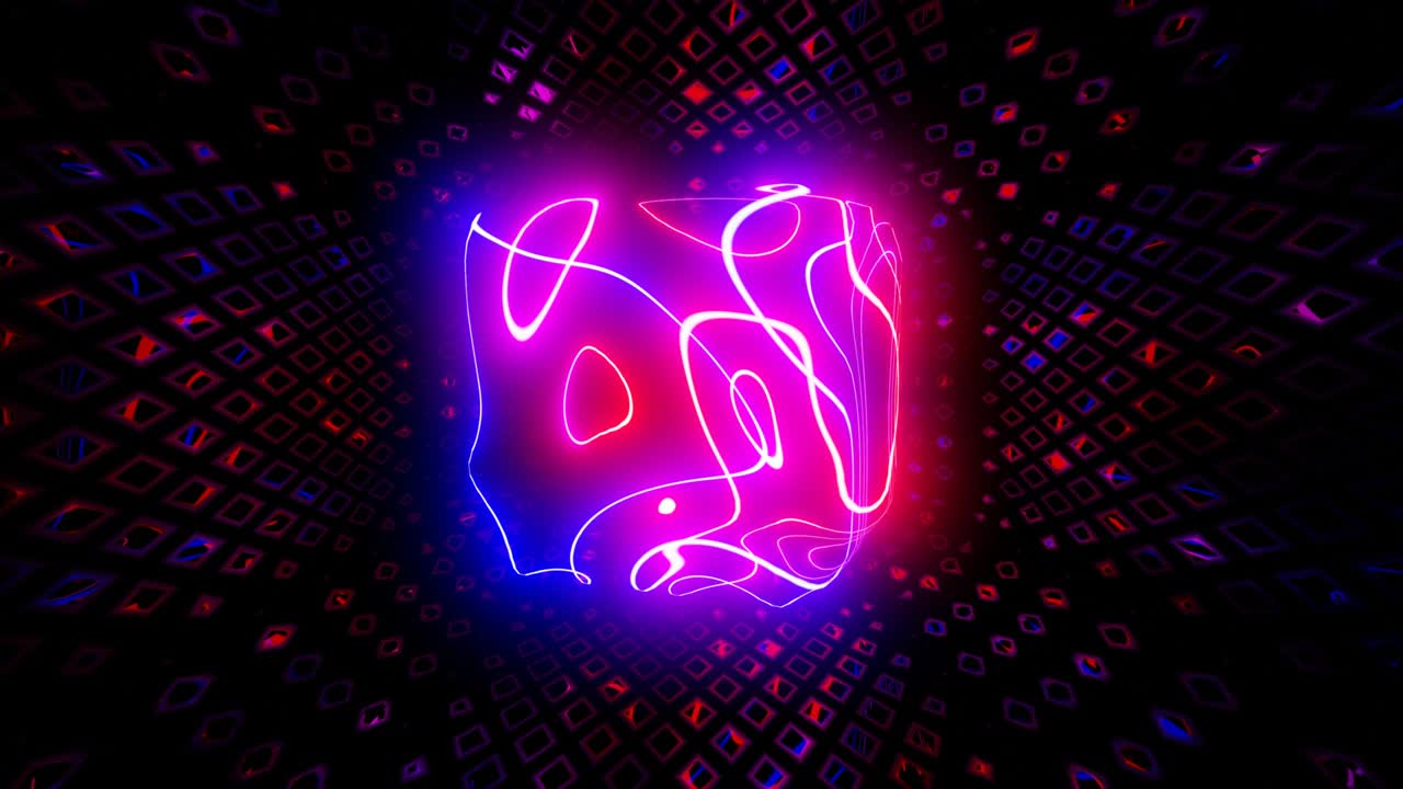 habitación de espejo de bucle vj con caja de marco de neón volador. bg festivo abstracto con reflejo brillante. luces de discoteca de habitación oscura. bg de bucle sin costura con luz de neón. club nocturno de estilo neón brillante bg. marco de alambre