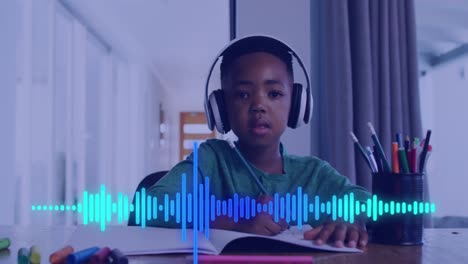 animation of sound waves over african american boy wearing headphones and having e-learning