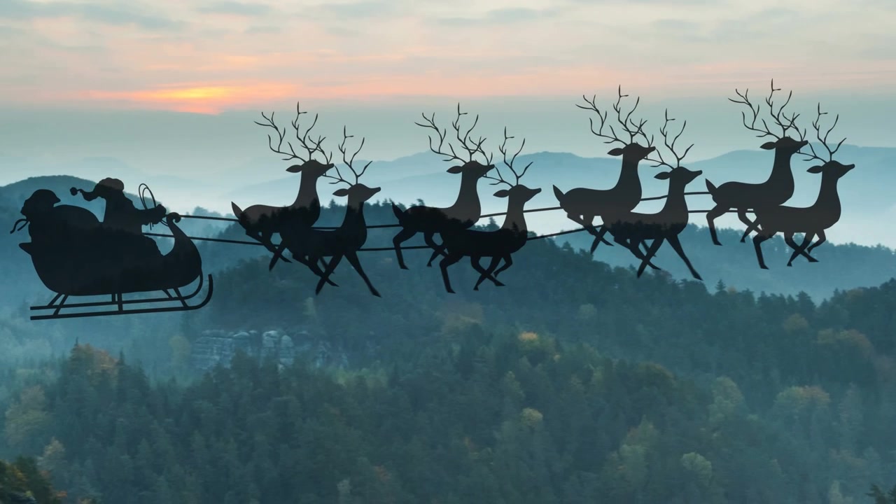 Animasjon av julenissen i slede med reinsdyr som beveger seg over et landskap i julen.