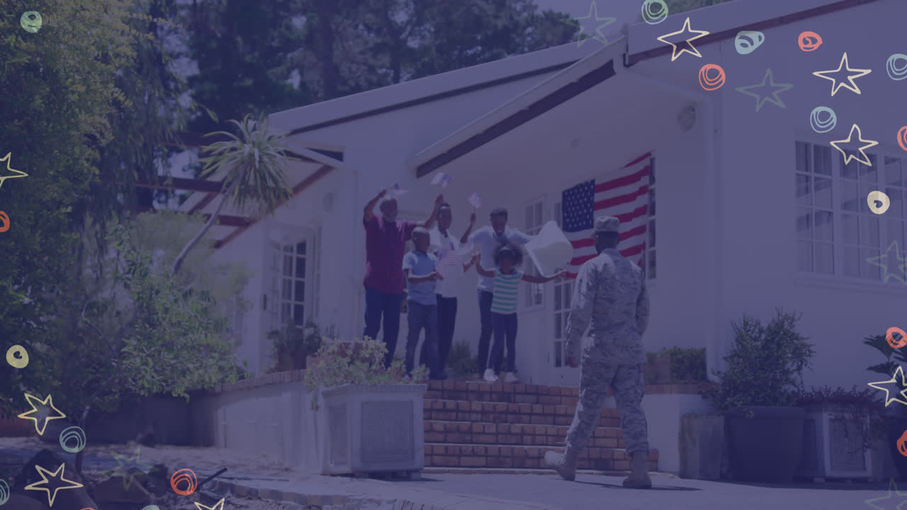 Animação da bandeira dos EUA sobre família afro-americana recebendo soldado que volta para casa