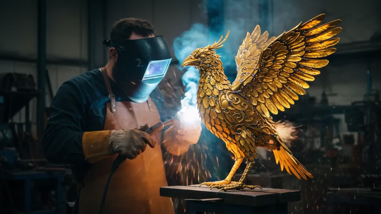 A skilled artisan captures the essence of creativity while welding a magnificent golden phoenix sculpture, showcasing intricate details and brilliant craftsmanship in a workshop