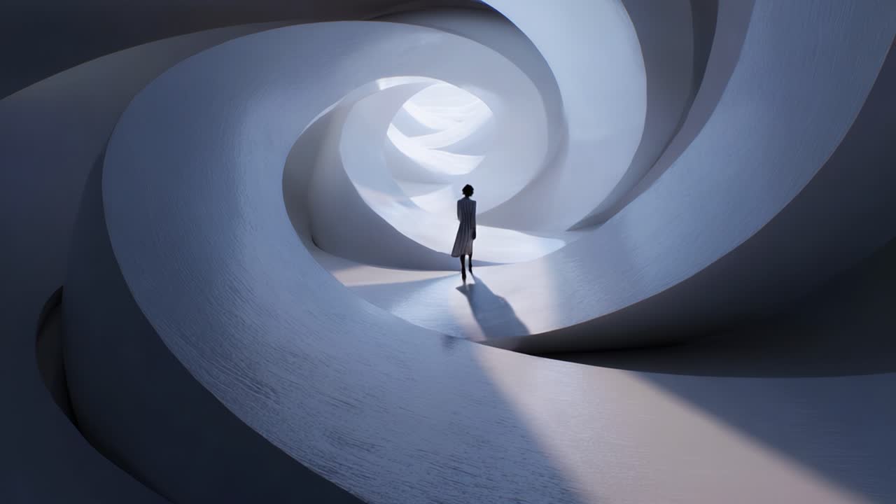 A solitary figure walks through an intricate spiral tunnel, combining light and shadows in a surreal, dreamlike environment, highlighting themes of solitude and exploration