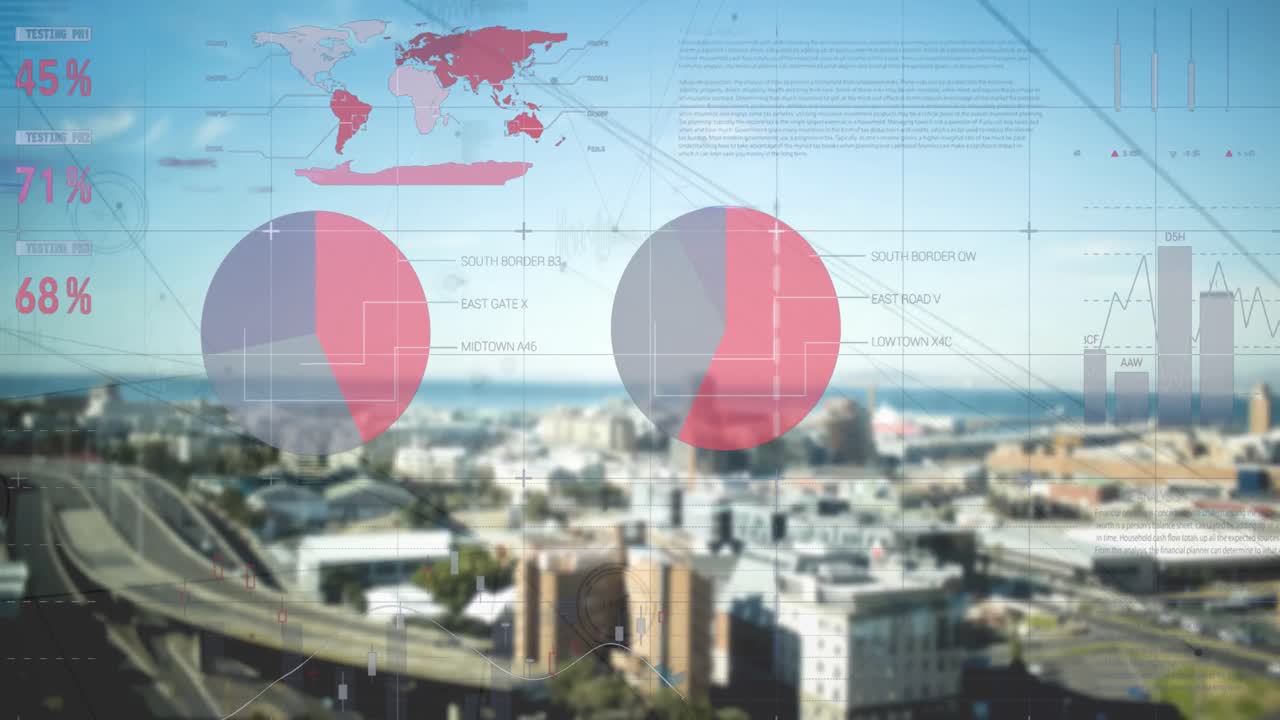 구름진 하늘에 대한 현대 도시 풍경에 대한 인포그래픽 인터페이스의 애니메이션