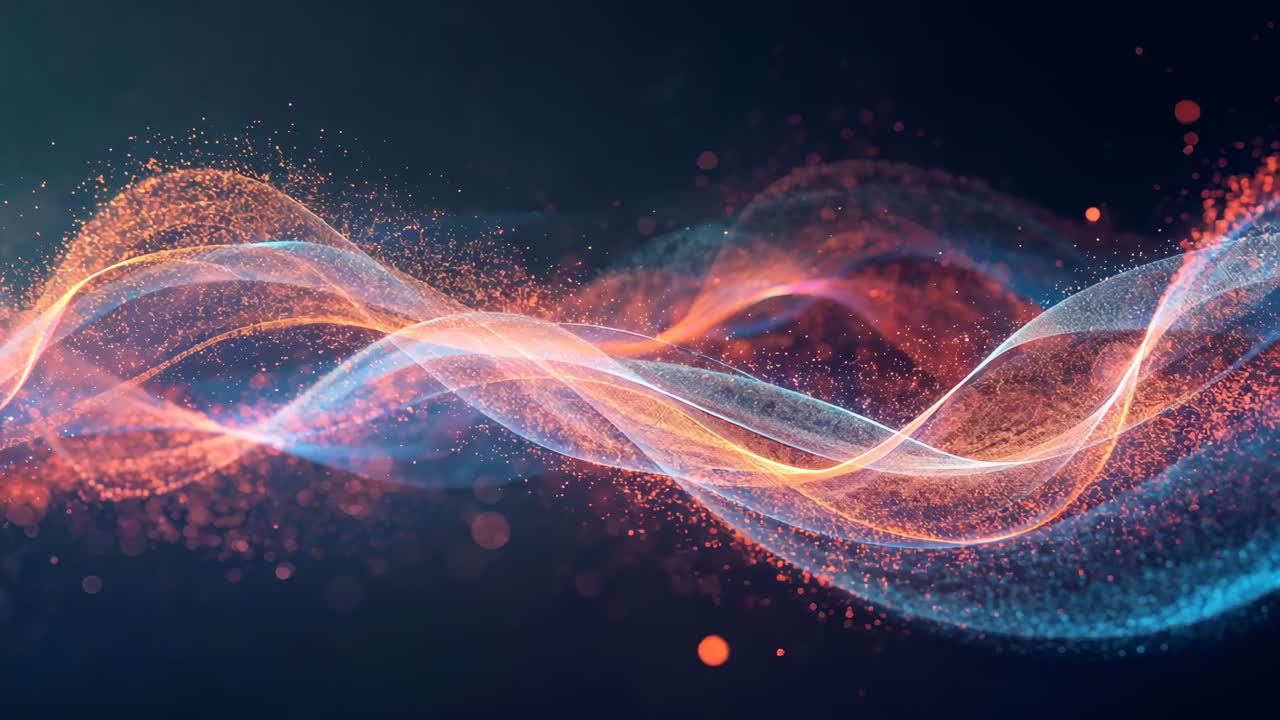 Starting glowing orange and blue ribbons twisting across dark void, with drifting particles