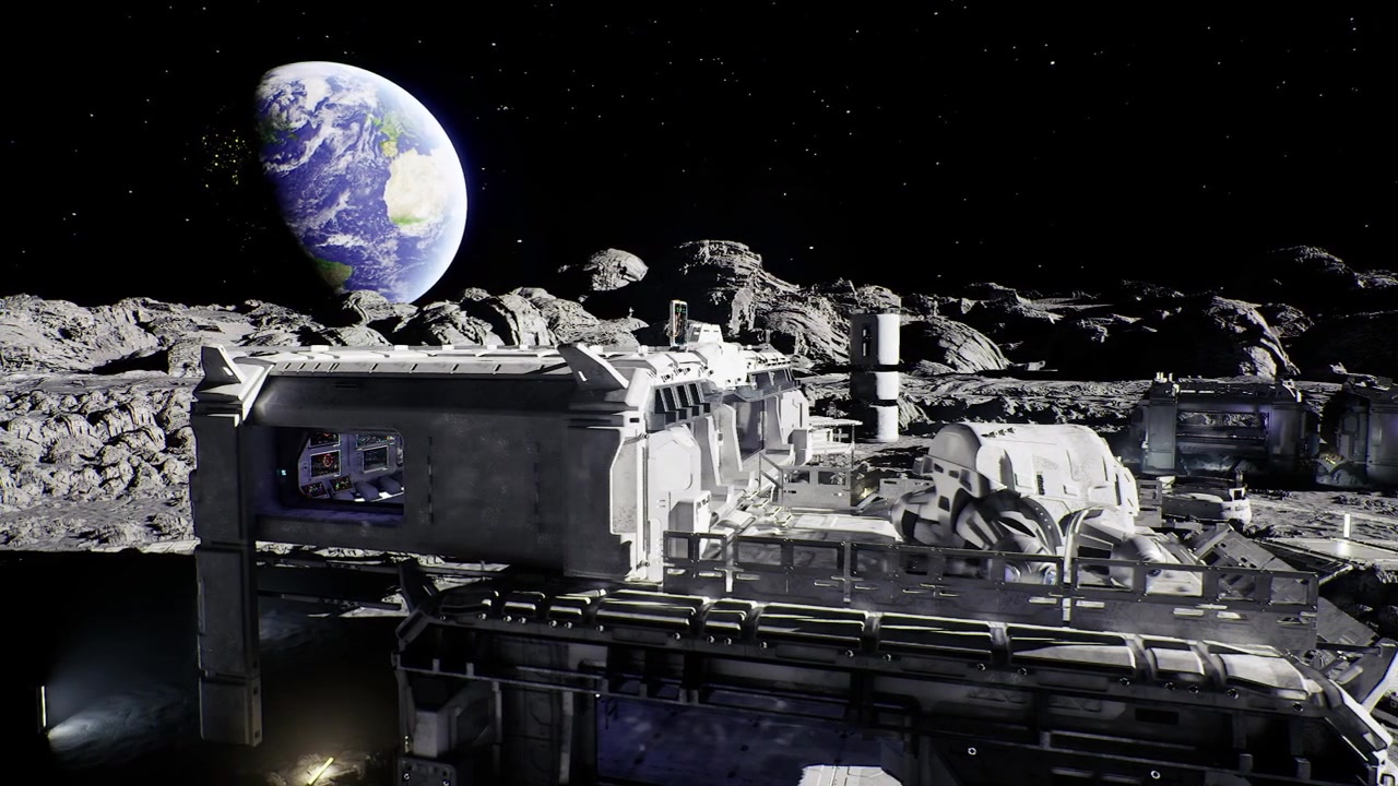 Moon station scene lunar station modules set against earth view