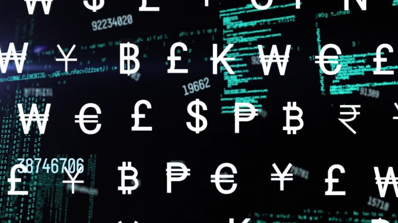 다중 통화 기호의 애니메이션과 검은색 배경의 데이터 처리를 통해 변하는 숫자