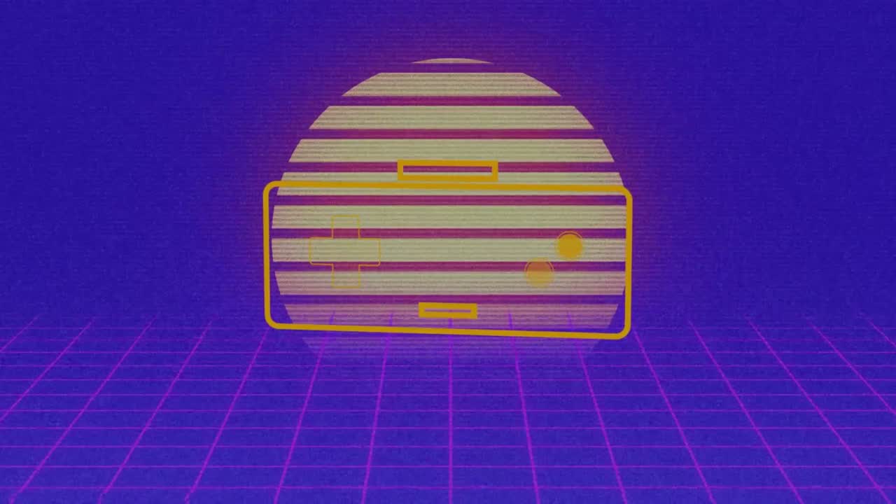 태양에 대한 움직이는 그리드 패턴 위의 터 비디오 게임 컨트롤러의 애니메이션