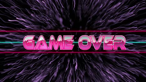 Animation-of-game-over-text-in-metallic-pink-letters-with-triangles-over-purple-fireworks