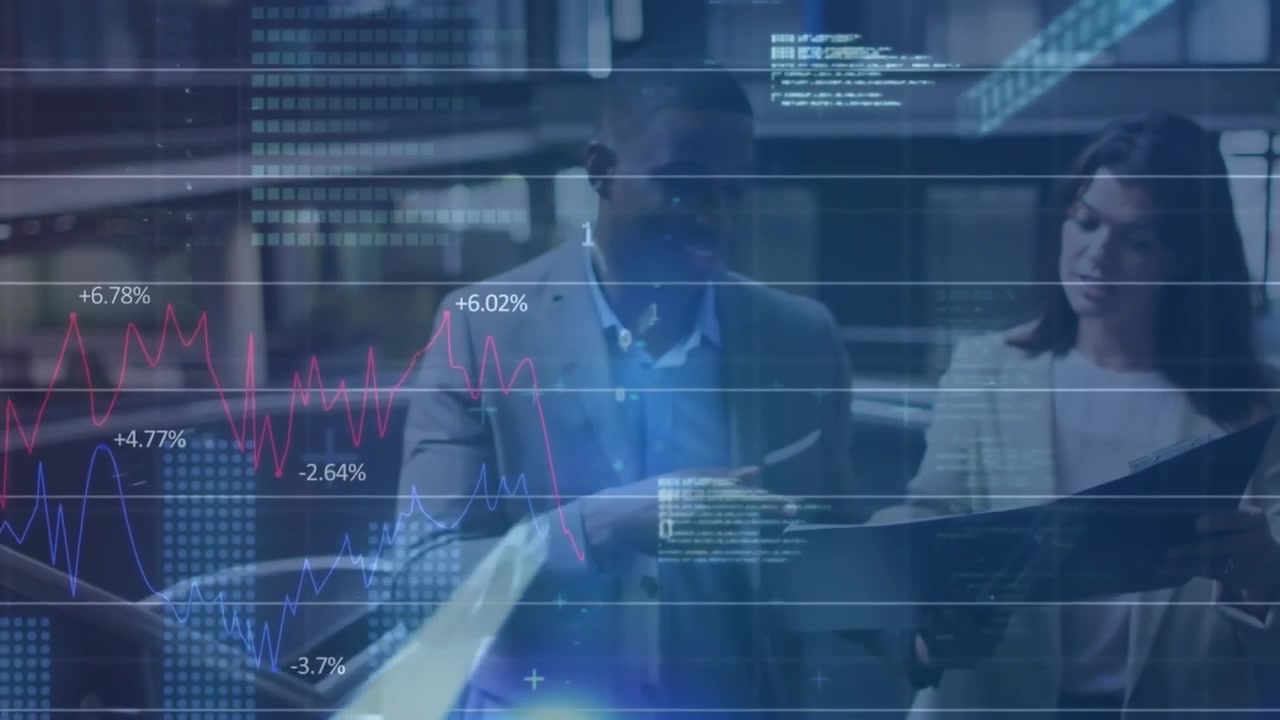 Animation of data processing over diverse business people in office