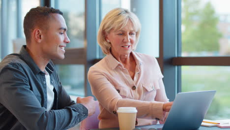 mature businesswoman mentoring younger male colleague working on laptop at desk
