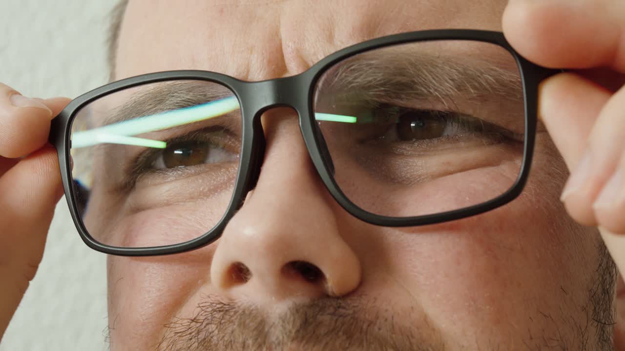 Close-up of a man adjusting eyeglasses with anti reflective lenses
