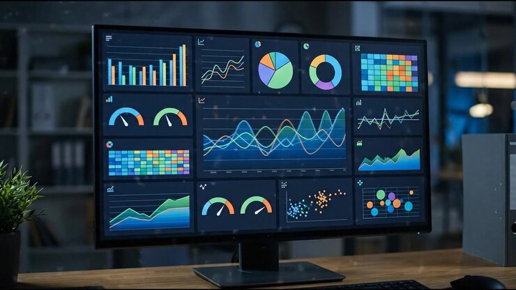 Scientific futuristic data dashboard with charts and monitoring panels