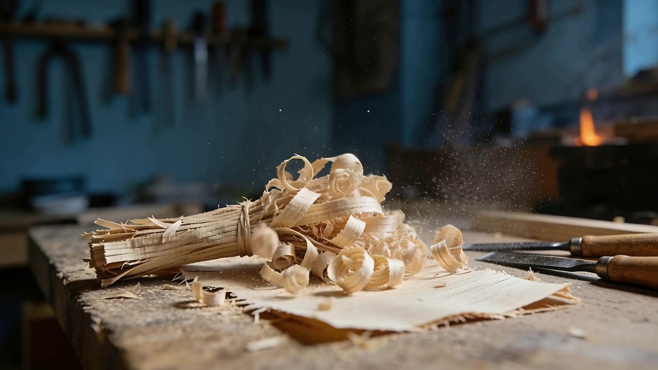 Ép chặt bó buộc, tay công nhân rải vụn gỗ lên tấm trải bàn làm việc, tạo thành đống, tay áo màu xám