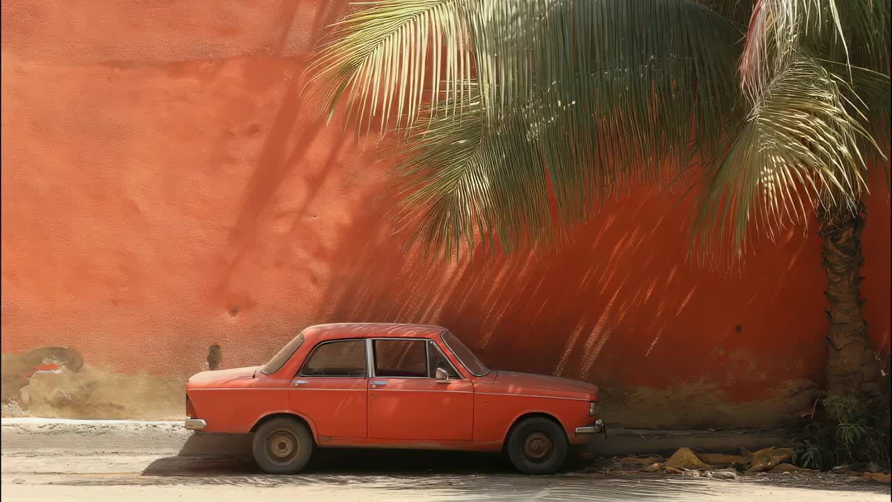 Small orange vintage car parked near a textured red wall, under the shade of a palm tree in a sunny day, creating a vibrant and nostalgic scene